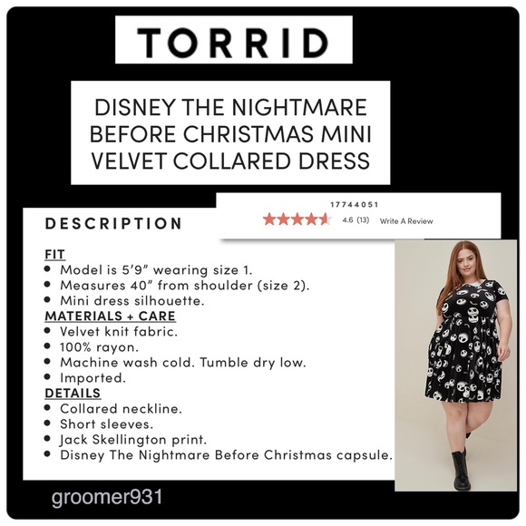 Torrid Disney NIGHTMARE BEFORE CHRISTMAS Mini Velvet Collared Dress NWT Size 4X - Picture 17 of 17